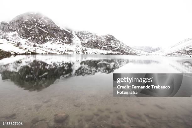 snowy mountains reflected in lake - lake reflection stock pictures, royalty-free photos & images