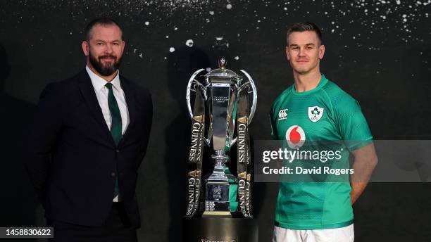 Andy Farrell, the Ireland head coach with Johnny Sexton, the captain of Ireland pose alongside the Guinness Six Nations trophy during the 2023...