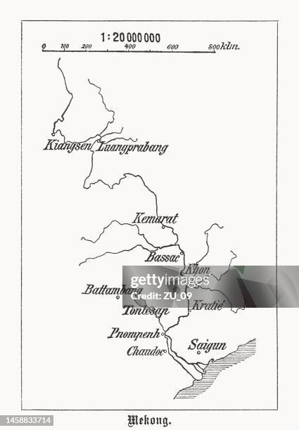 stockillustraties, clipart, cartoons en iconen met map of mekong river, southeast asia, wood engraving, published 1899 - river mekong