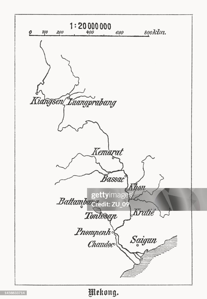 Map of Mekong River, Southeast Asia, wood engraving, published 1899