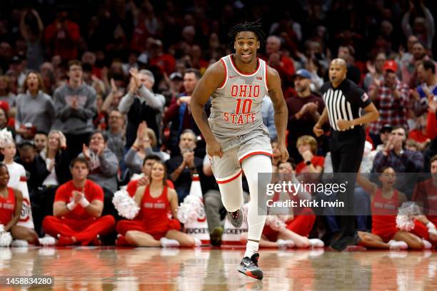 Brice Sensabaugh of the Ohio State Buckeyes runs up the court during the game against the Iowa Hawkeyes at the Jerome Schottenstein Center on January...