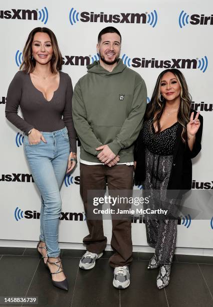 Jenni "JWOWW" Farley, Vinny Guadagnino and Nicole "Snooki" Polizzi visit Sirusxm at SiriusXM Studios on January 23, 2023 in New York City.