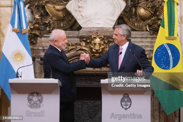 President of Brazil Luiz Inaciom Lula Da Silva greets President of Argentina Alberto Fernandez during an official visit to Buenos Aires to attend a...