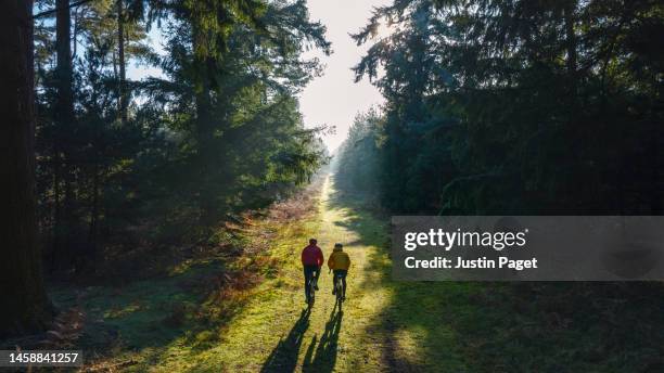 elevated/drone view of two adventure cyclists on their gravel bikes in the forest on a cold but sunny winter's morning - nature photos et images de collection