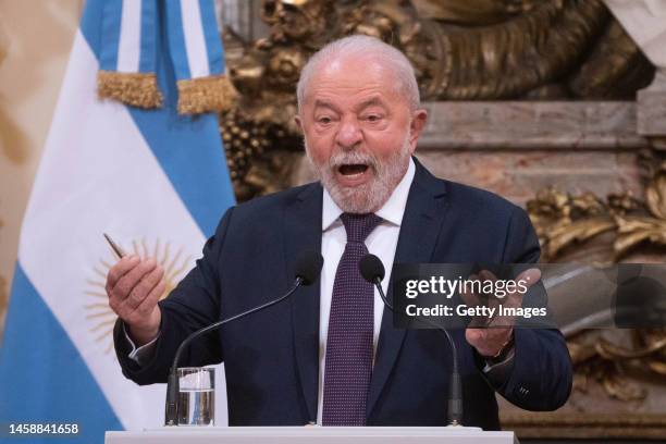President of Brazil Luiz Inaciom Lula Da Silva speaks during an official visit to Buenos Aires to attend a meeting of the The Community of Latin...