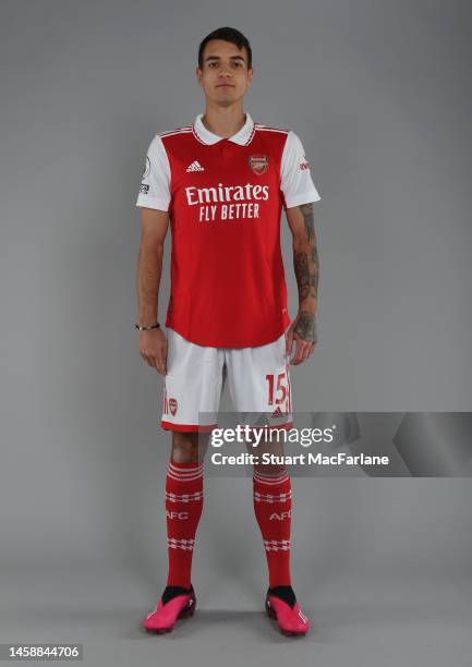 Arsenal unveil new signing Jakub Kiwior at London Colney on January 23, 2023 in St Albans, England.