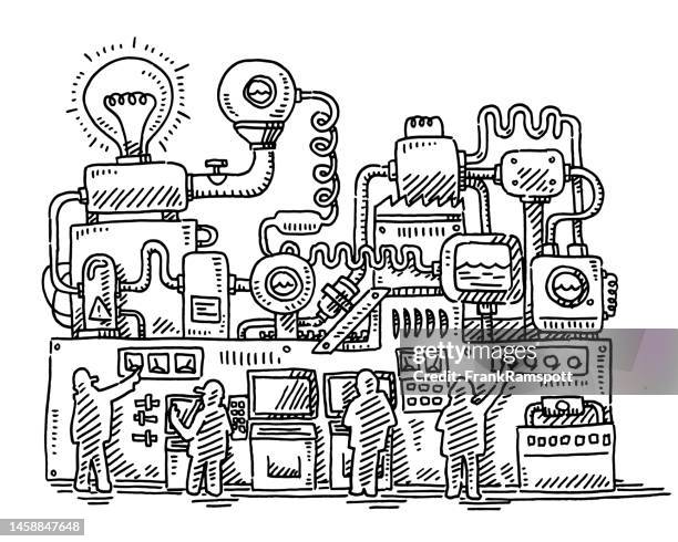 ilustraciones, imágenes clip art, dibujos animados e iconos de stock de máquina compleja con dibujos de ingenieros - técnicos especialistas de laboratorio