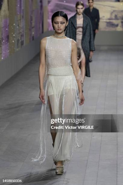 Model walks the runway during the Dior Haute Couture Spring/Summer 2023 fashion show as part of the Paris Haute Couture Week on January 23, 2023 in...