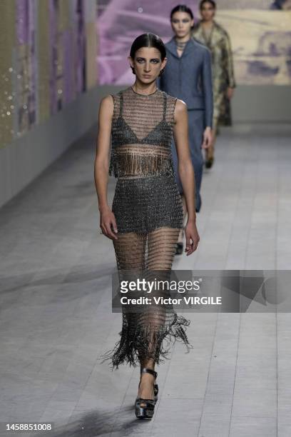 Model walks the runway during the Dior Haute Couture Spring/Summer 2023 fashion show as part of the Paris Haute Couture Week on January 23, 2023 in...
