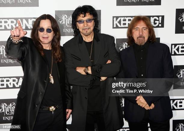Ozzy Osbourne, Tony Iommi and Geezer Butler of Black Sabbath attend the Kerrang! Awards at The Brewery on June 7, 2012 in London, England.