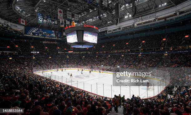 An overall view of the ice surface during NHL action between the Vancouver Canucks and the Edmonton Oilers on January 2023 at Rogers Arena in...