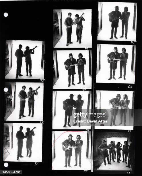 The photographer's original vintage contact sheets of Robbie Robertson, Rick Danko, Levon Helm, Richard Manuel, and Garth Hudson of the roots rock...