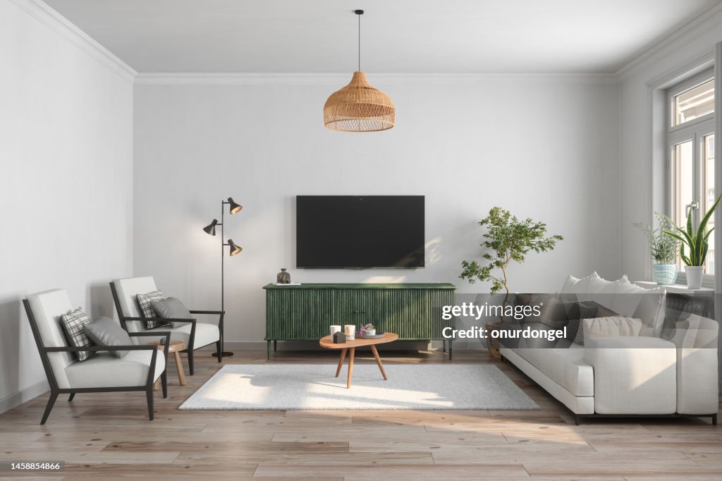 Modernes Wohnzimmerinterieur mit Fernseher, Sofa, Sessel, Stehlampe und Couchtisch
