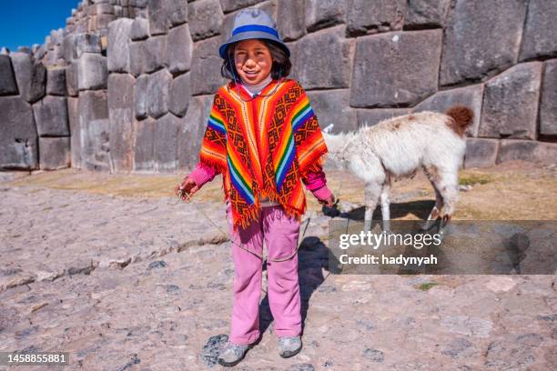 peruvian girl wearing national clothing posing with llama near cuzco - poncho stock pictures, royalty-free photos & images