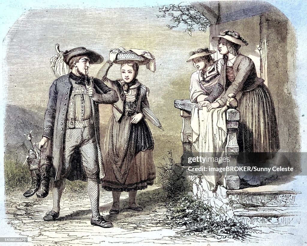 Traditional costumes from Bavaria and Baden in the 19th century, Germany, Historical, digitally restored reproduction of an original 19th century pattern