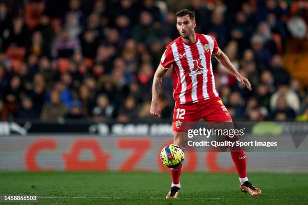 Leo Baptistao of UD Almeria in action during the LaLiga Santander match between Valencia CF and UD Almeria at Estadio Mestalla on January 23, 2023 in...