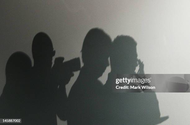 Members of the media cast a shadow on a wall as they listen to members of the Joint Senate and House Intelligence Committee speak, on Capitol Hill,...