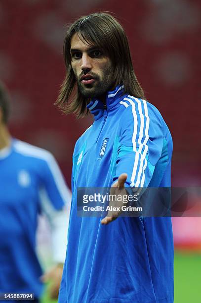 Giorgos Samaras gestures during a Greece training session ahead of the UEFA EURO 2012 Group A match against Poland at National Stadium on June 7,...