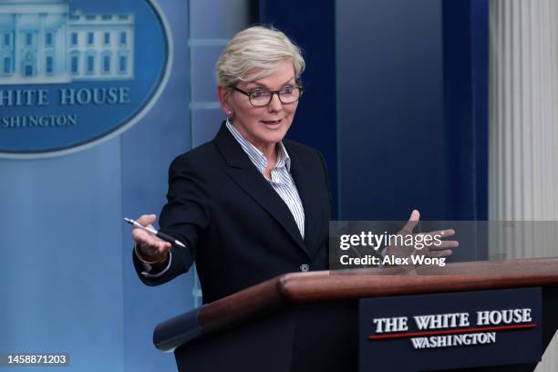 Secretary of Energy Jennifer Granholm speaks during a daily news briefing at the James S. Brady Press Briefing Room of the White House on January 23,...