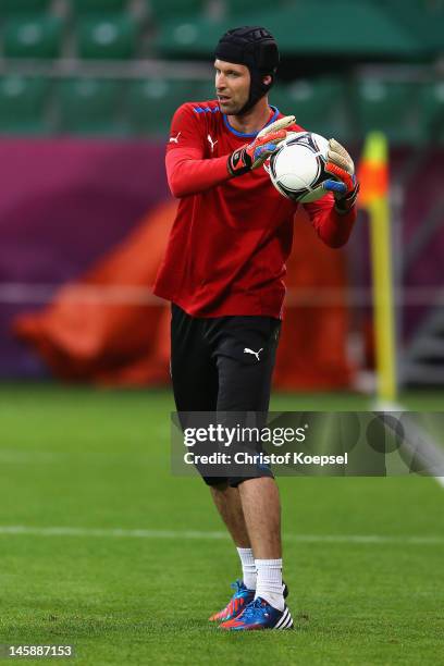 Petr Cech of Czech Republic saves a ball during a Czech Republic training session prior to the UEFA EURO 2012 Group A opening game against Russia at...