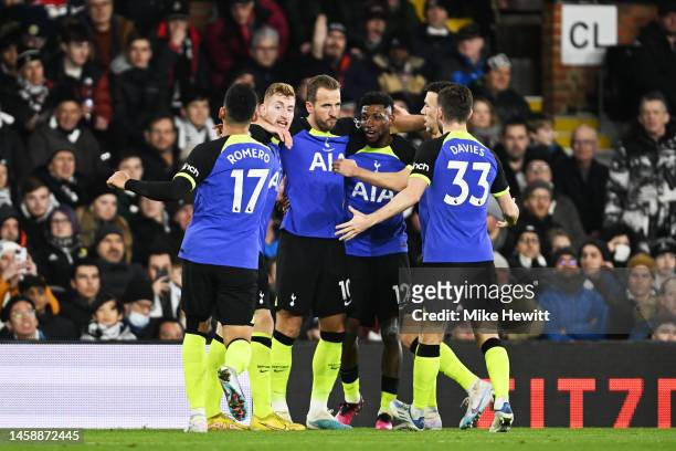Harry Kane of Tottenham Hotspur celebrates after scoring the team's first goal during the Premier League match between Fulham FC and Tottenham...