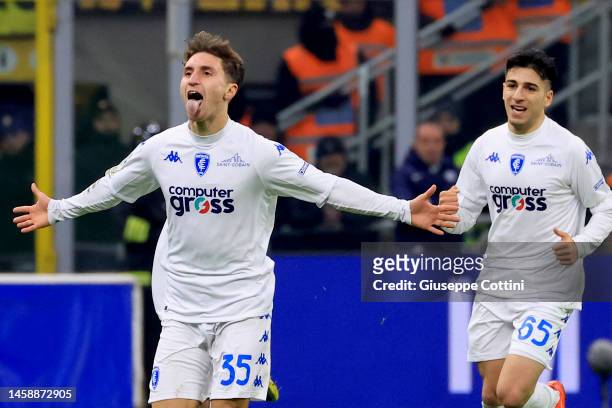 Tommaso Baldanzi of Empoli FC celebrates after scoring the opening goal during the Serie A match between FC Internazionale and Empoli FC at Stadio...