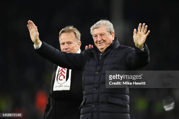 Former Fulham manager Roy Hodgson smiles before being presented with a Forever Fulham award at half time during the Premier League match between...
