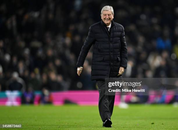 Former Fulham manager Roy Hodgson smiles before being presented with a Forever Fulham award at half time during the Premier League match between...