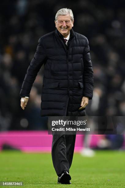 Former Fulham manager Roy Hodgson smiles before being presented with a Forever Fulham award at half time during the Premier League match between...