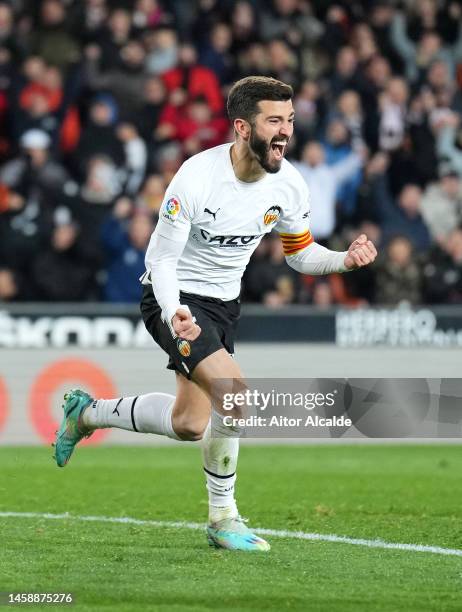 Jose Luis Gaya of Valencia CF celebrates after scoring the team's second goal during the LaLiga Santander match between Valencia CF and UD Almeria at...