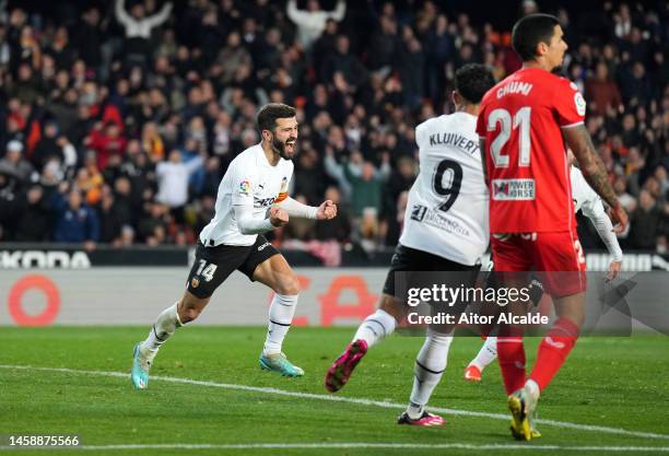 Jose Luis Gaya of Valencia CF celebrates after scoring the team's second goal during the LaLiga Santander match between Valencia CF and UD Almeria at...