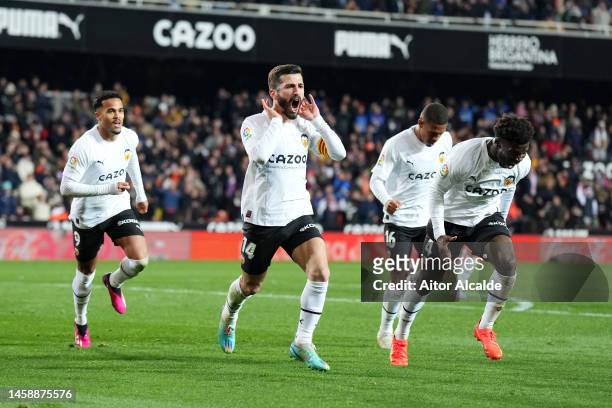 Jose Luis Gaya of Valencia CF celebrates after scoring the team's second goal during the LaLiga Santander match between Valencia CF and UD Almeria at...