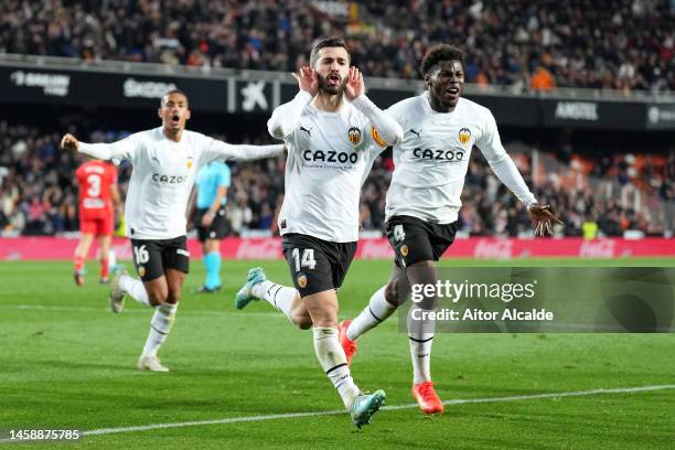 Jose Luis Gaya of Valencia CF celebrates after scoring the team's second goal during the LaLiga Santander match between Valencia CF and UD Almeria at...