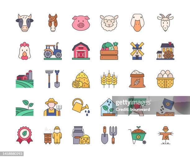 liniensymbole für landwirtschaftliche farben. bearbeitbarer strich. - ente geflügelfleisch stock-grafiken, -clipart, -cartoons und -symbole