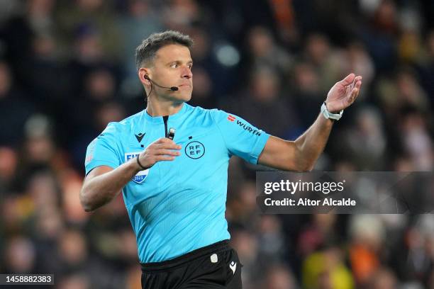 Referee Jesus Gil Manzano looks on during the LaLiga Santander match between Valencia CF and UD Almeria at Estadio Mestalla on January 23, 2023 in...