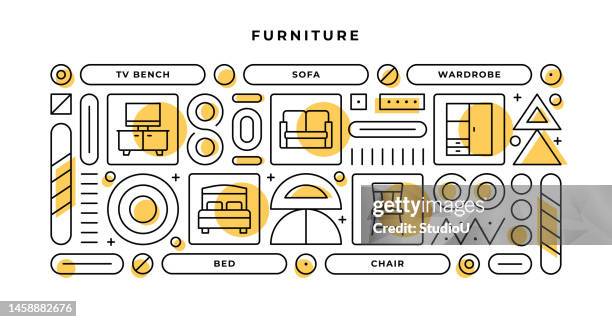 stockillustraties, clipart, cartoons en iconen met furniture infographic concept with geometric shapes and tv bench,sofa,wardrobe,bed line icons - living new house