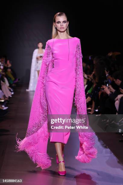 Model walks the runway during the Georges Hobeika Haute Couture Spring Summer 2023 show as part of Paris Fashion Week on January 23, 2023 in Paris,...