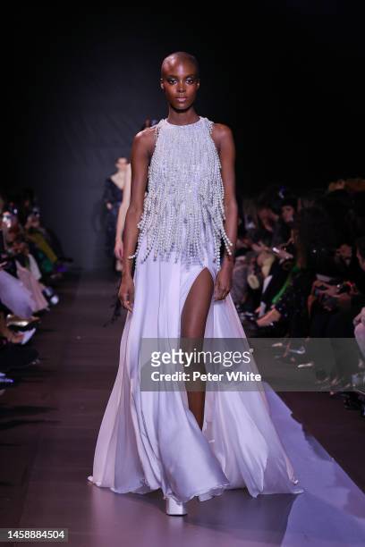 Model walks the runway during the Georges Hobeika Haute Couture Spring Summer 2023 show as part of Paris Fashion Week on January 23, 2023 in Paris,...