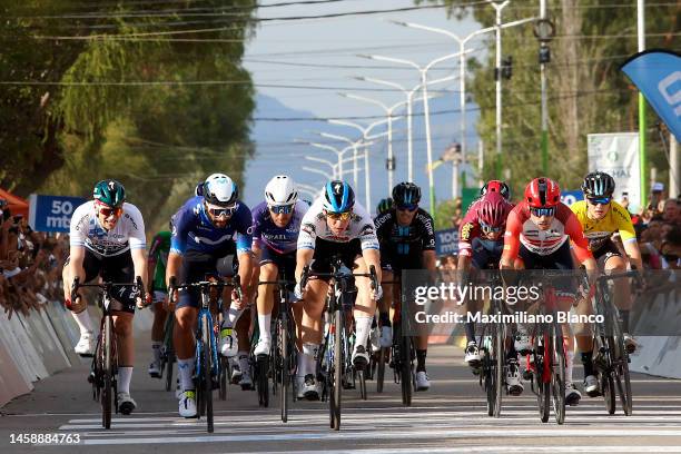 General view of Fabio Jakobsen of Netherlands and Team Soudal Quick-Step crosses the finish line as stage winner ahead of Fernando Gaviria of...