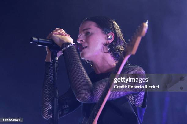 Lynn Gunn of PVRIS performs on stage at O2 Academy Glasgow on January 23, 2023 in Glasgow, Scotland.