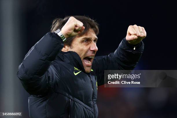Antonio Conte, Manager of Tottenham Hotspur, celebrates their side's victory after the Premier League match between Fulham FC and Tottenham Hotspur...