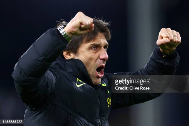 Antonio Conte, Manager of Tottenham Hotspur, celebrates after the team's victory during the Premier League match between Fulham FC and Tottenham...