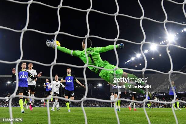 Hugo Lloris of Tottenham Hotspur makes a save during the Premier League match between Fulham FC and Tottenham Hotspur at Craven Cottage on January...