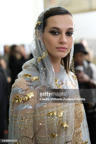 Model poses backstage prior to the Georges Hobeika Haute Couture Spring Summer 2023 show as part of Paris Fashion Week on January 23, 2023 in Paris,...