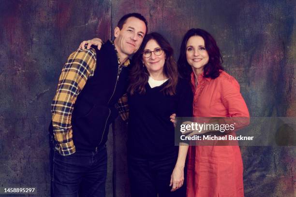 Tobias Menzies, Nicole Holofcener and Julia Louis-Dreyfus of ‘You Hurt My Feelings’ are photographed for Deadline at the Deadline Studio during the...