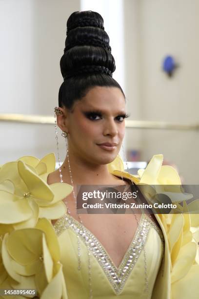 Model poses backstage prior to the Georges Hobeika Haute Couture Spring Summer 2023 show as part of Paris Fashion Week on January 23, 2023 in Paris,...