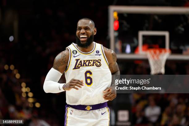 LeBron James of the Los Angeles Lakers reacts during the first half against the Portland Trail Blazers at Moda Center on January 22, 2023 in...