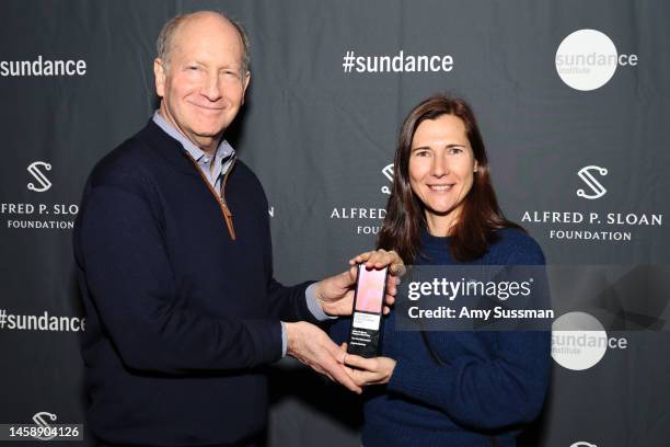 Sophie Barthes accepts The Alfred P. Sloan Feature Film Prize for The Pod Generation from Doron Weber of The Alfred P. Sloan Foundation during the...