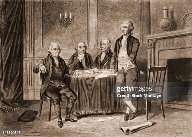 Illustration of four of the United States Foundign Fathers, from left, John Adams , Robert Morris , Alexander Hamilton , and Thomas Jefferson , 1774.