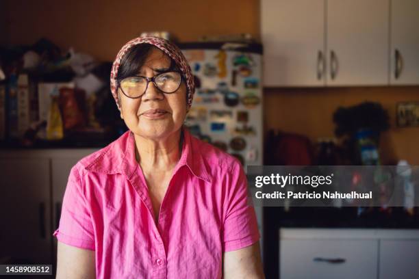 portrait of a mapuche woman in the kitchen at home. typical chilean cookery. - indian food bildbanksfoton och bilder